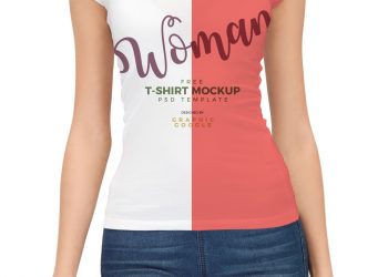 Free Woman Wearing T-Shirt PSD Mockup