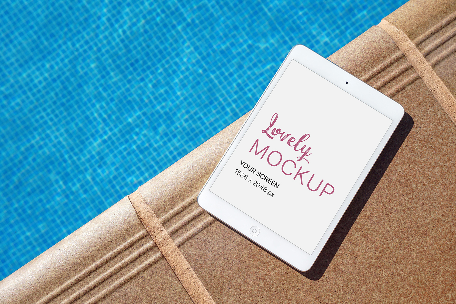 iPad near the Pool PSD Mockup