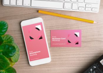 iPhone with Business Card Mockup