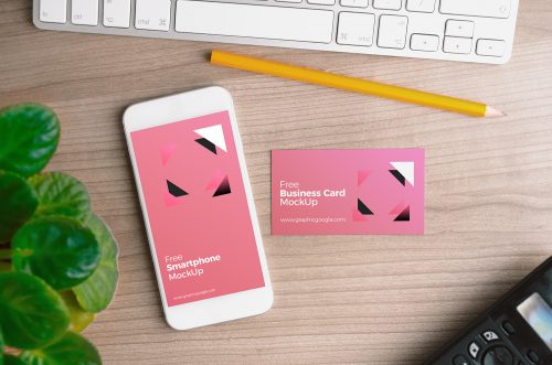 iPhone with Business Card Mockup