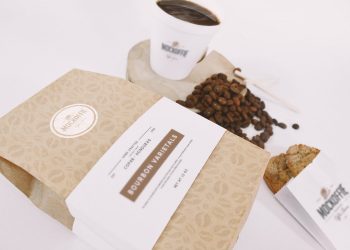 Coffee Bag and Cup Mockup Perspective Top View