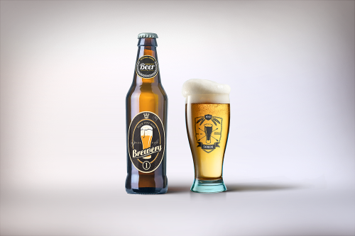 Beer Bottle and Glass Mockup Free PSD