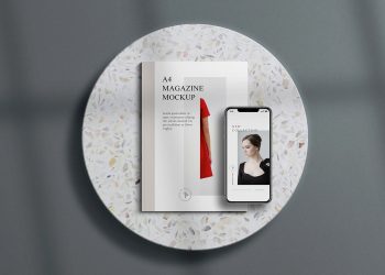 A4 Magazine with iPhone Free Free Mockup Scene