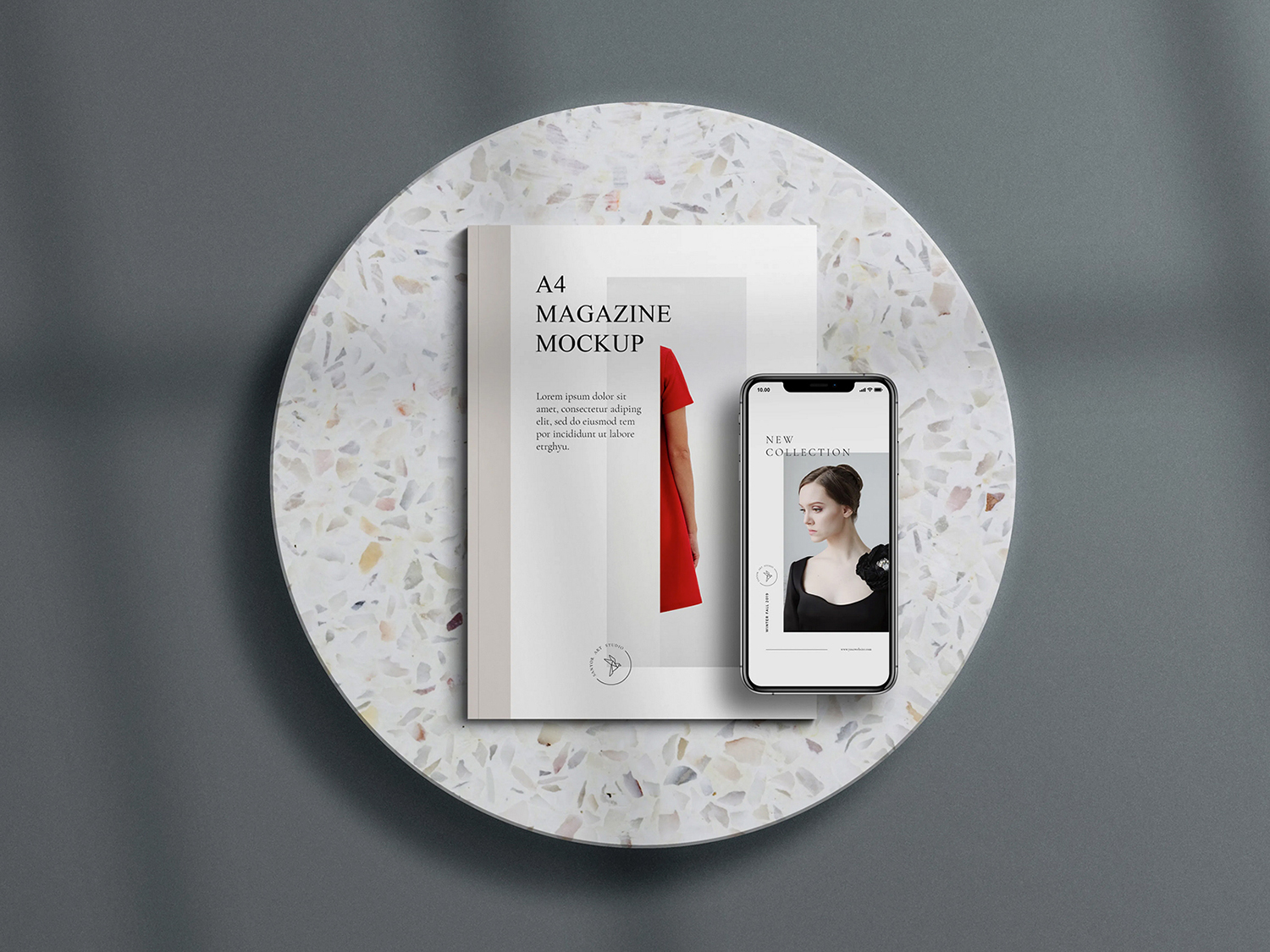 A4 Magazine with iPhone Free Free Mockup Scene