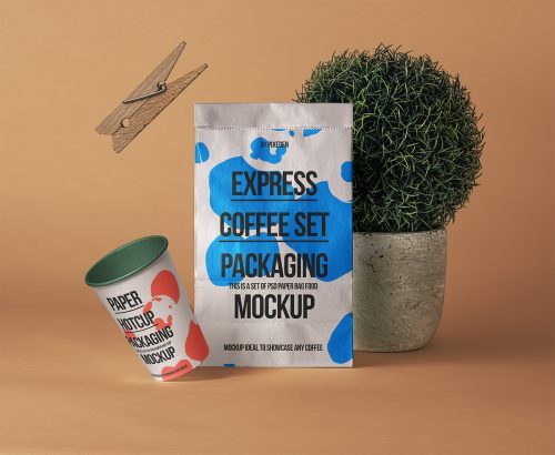 Paper Bag with Paper Coffee Cup Free Mockup