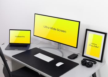 Ultra-Wide Monitor, MacBook Pro & Frame Mockup