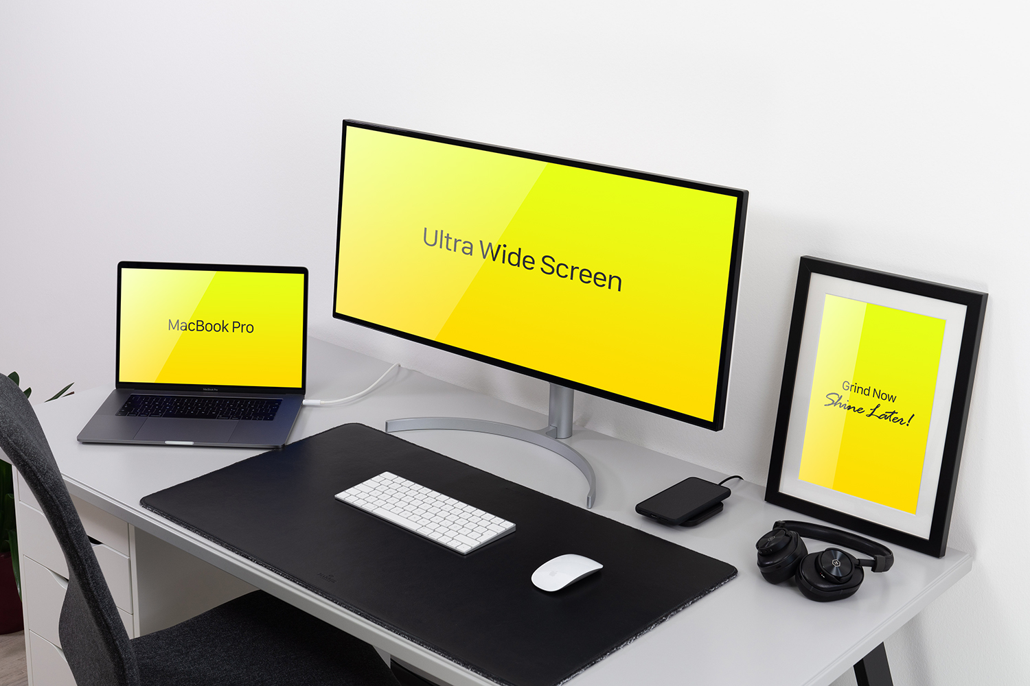 Ultra-Wide Monitor, MacBook Pro & Frame Mockup