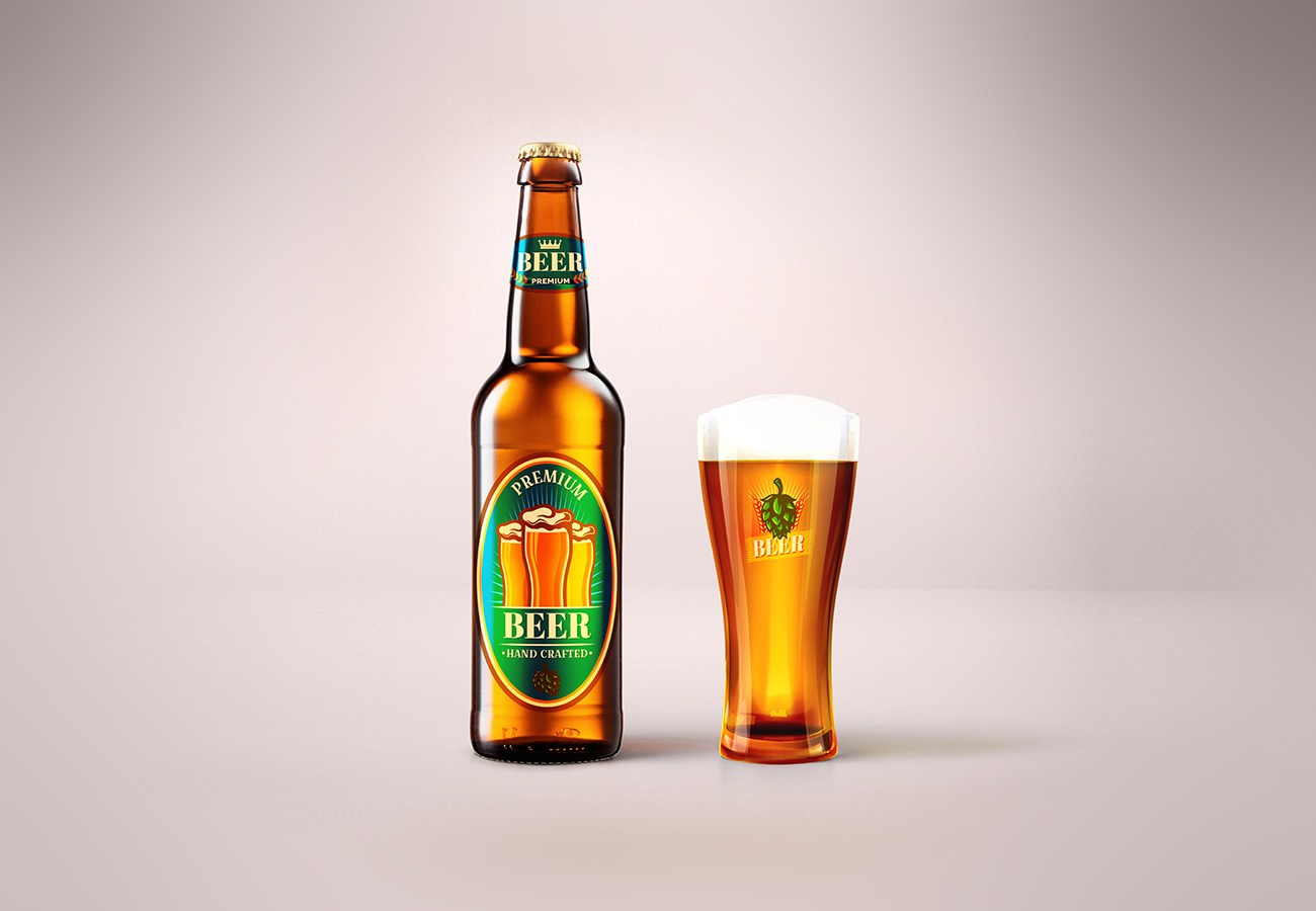 Blonde Beer Bottle & Glass Mockup