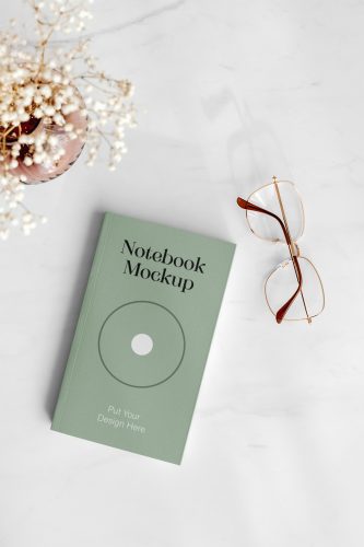 Notebook with Glasses Mockup