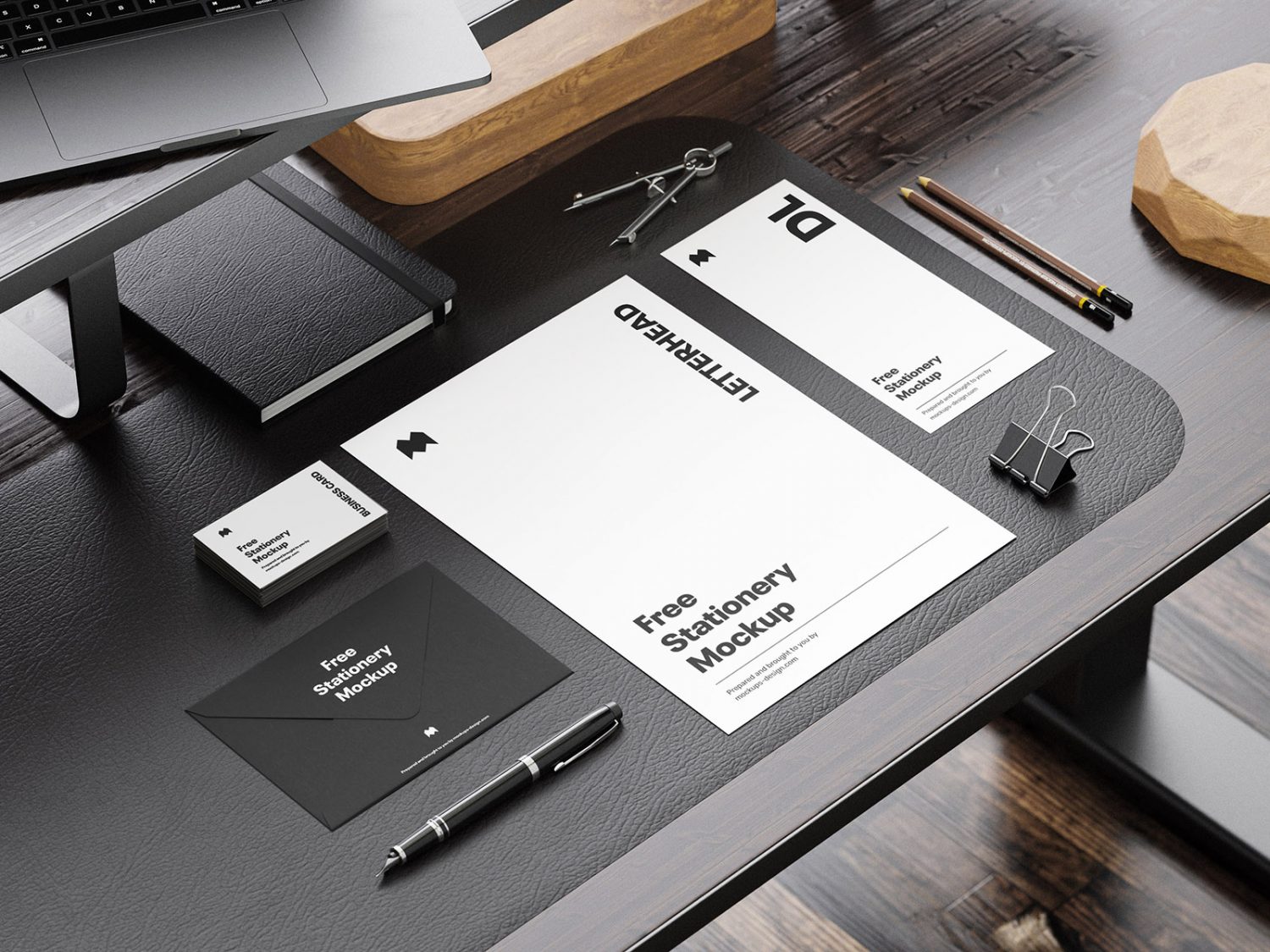 Stationery on the Wooden Desk Mockup