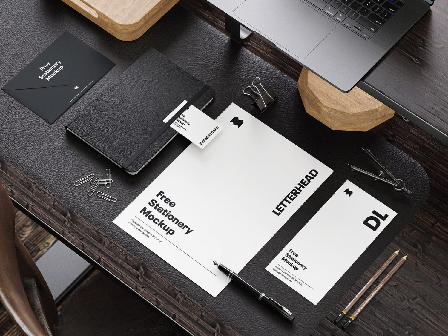 Stationery on the Wooden Desk Mockup