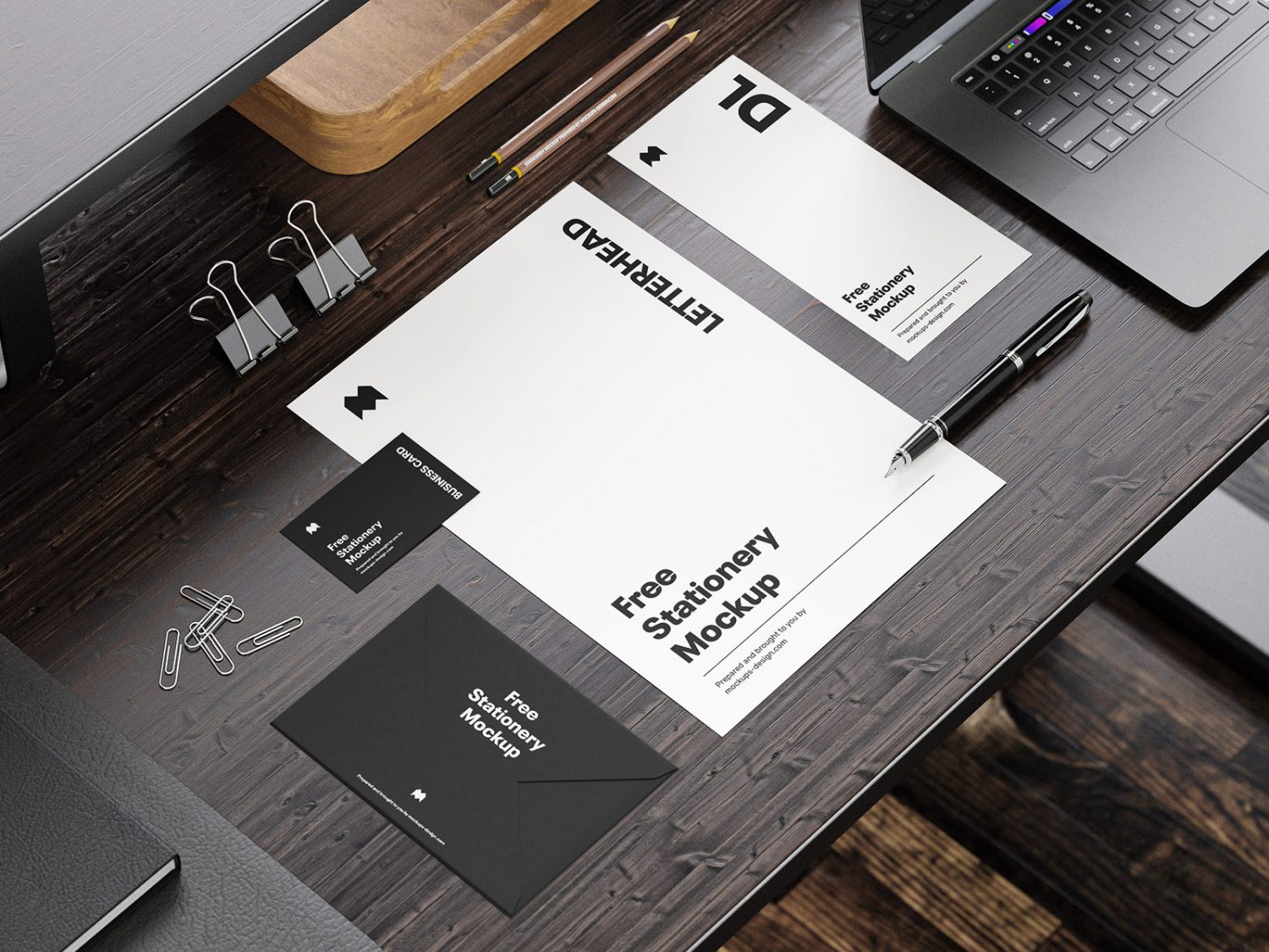 Stationery on the Wooden Desk Mockup