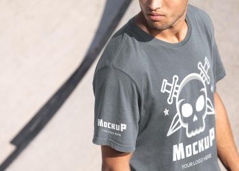Young Male Skateboarder with T-shirt Mockup Free Psd