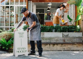 Restaurant Stand with People Mockup