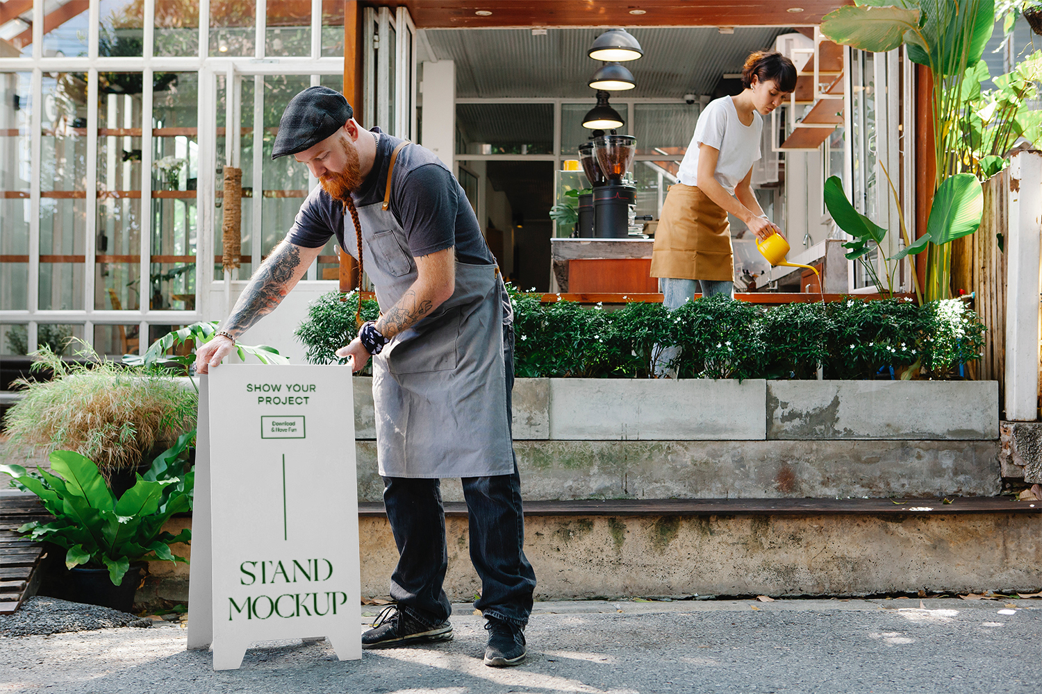 Restaurant Stand with People Mockup