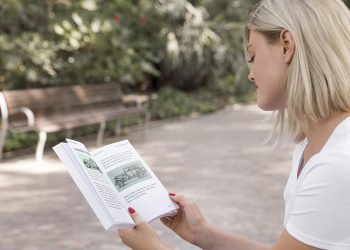 Woman on Street Reading Book Mockup