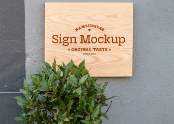 Wood Sign on Wall PSD Mockup