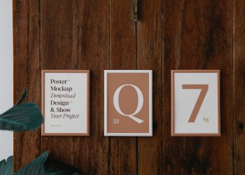 Three Posters on Wood Wall Mockup