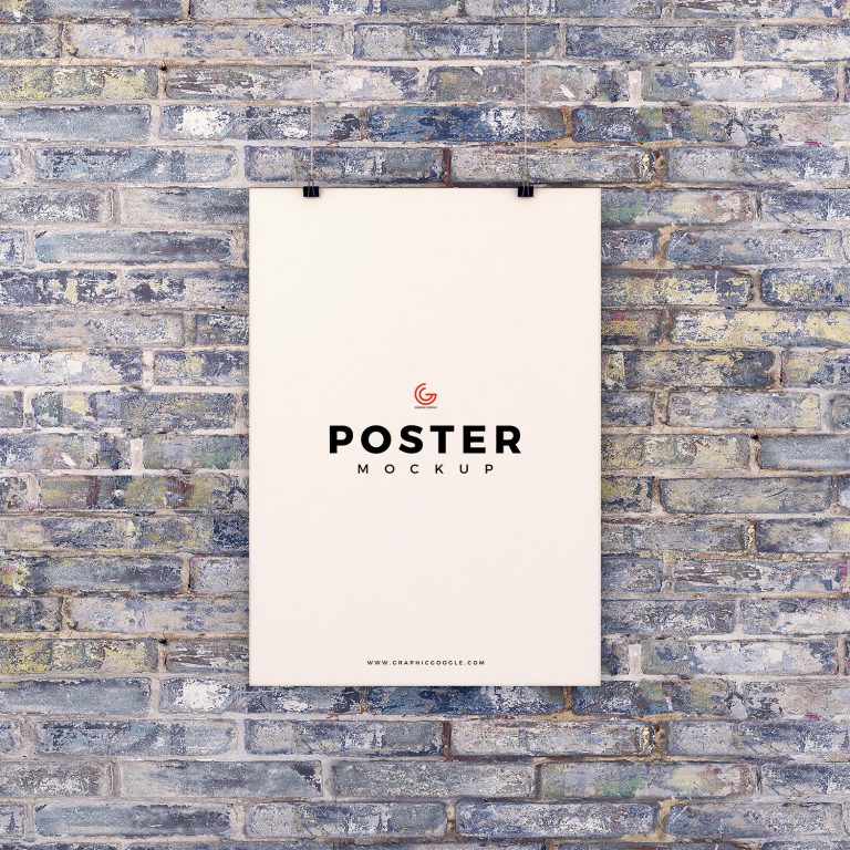 Free Poster Hanging on Brick Wall Mockup