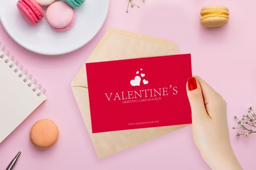 Free Valentines Greeting Card in Girl Hand Mockup