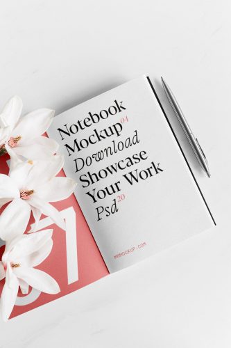 Notebook with Flowers Free Mockup