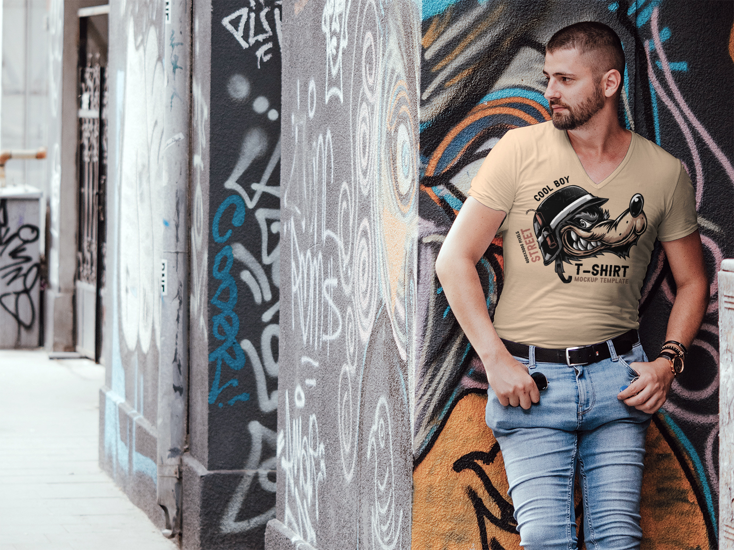 Free Street Cool Boy Wearing T-Shirt Mockup