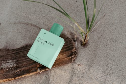 Perspective Bottle on Beach Free Mockup