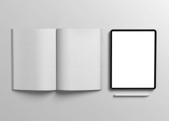 A4 Magazine with iPad Free Mockup