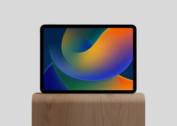 M2 iPad Pro on Wood Stand Free Mockup