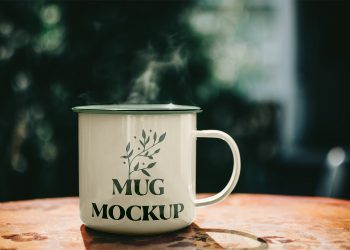 Metal Mug on Table Free Mockup