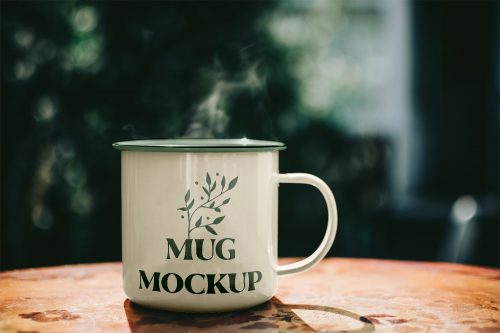 Metal Mug on Table Free Mockup