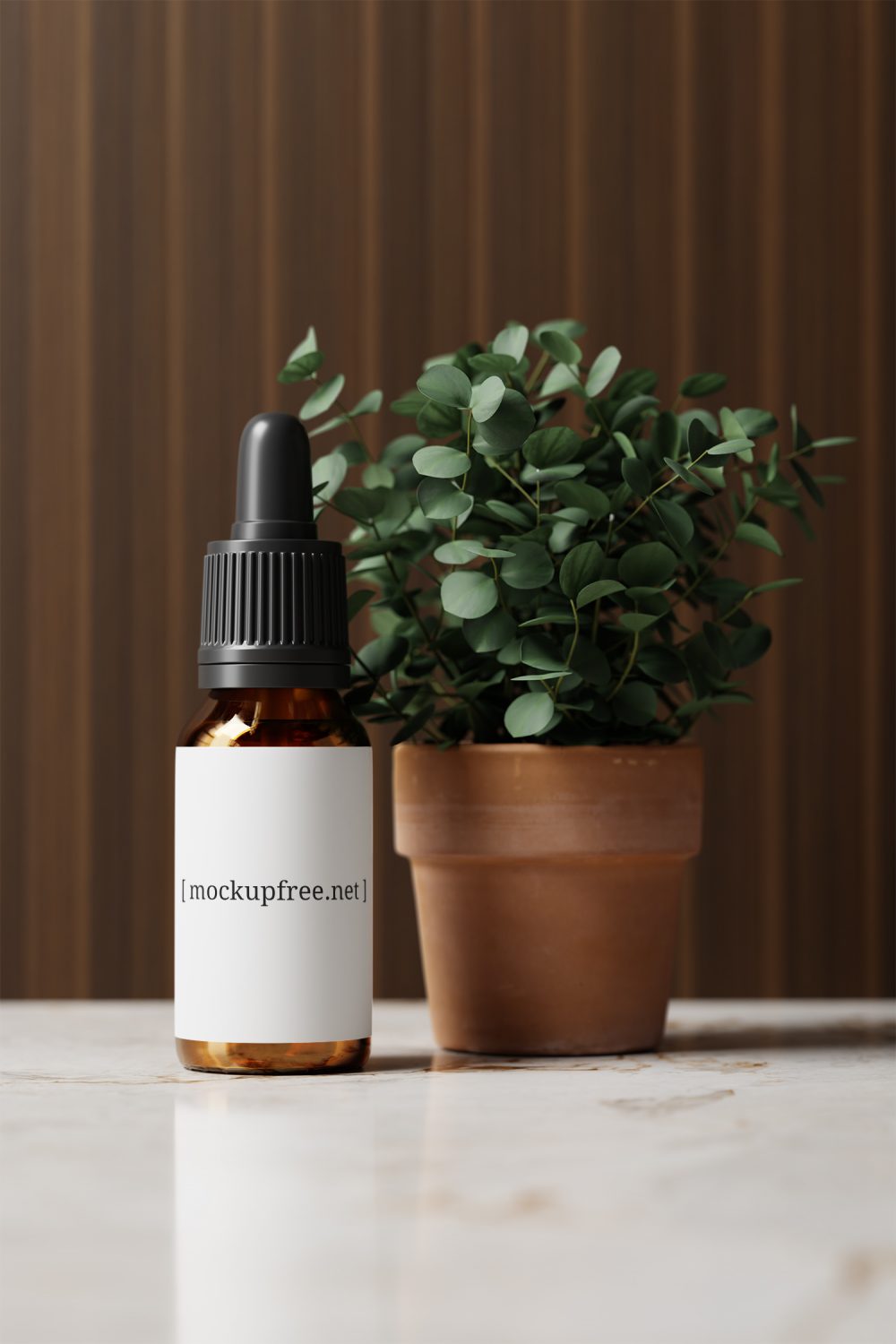 Amber Glass Dropper Bottle with Eucalyptus Plant Free Mockup