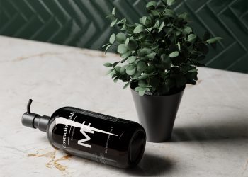 Black Pump Bottle Featuring an Eucalyptus Plant Mockups Mockups