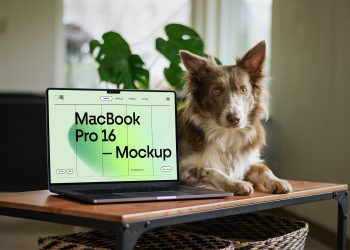 MacBook Pro with Doggy on Table Free Mockup