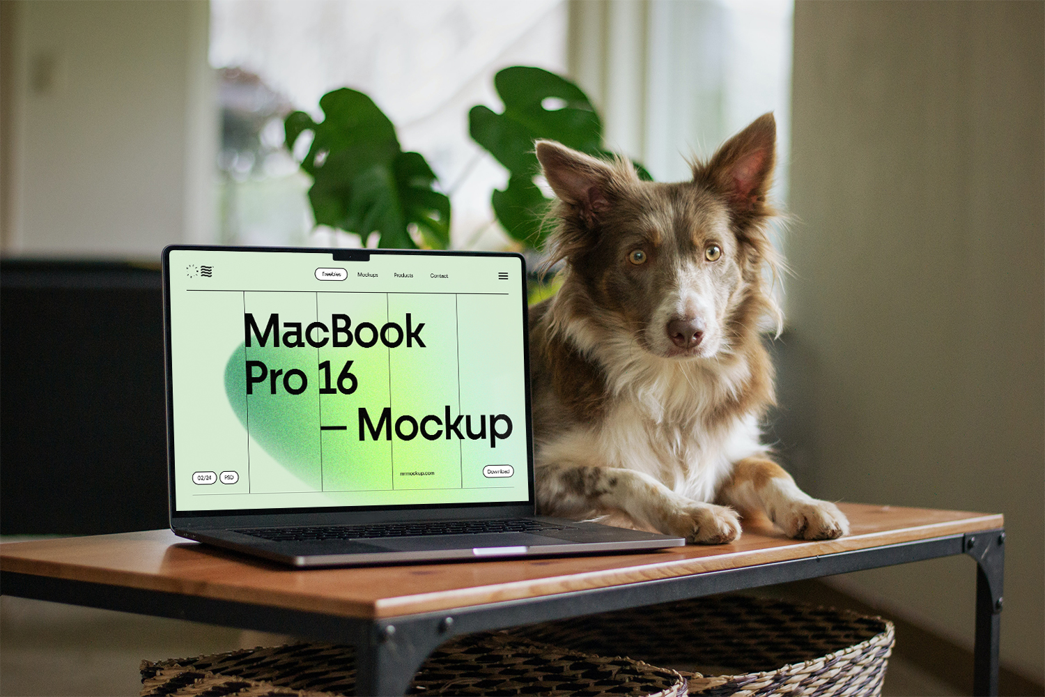 MacBook Pro with Doggy on Table Free Mockup