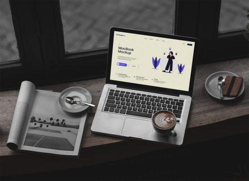 MacBook in Cafe Free Mockup