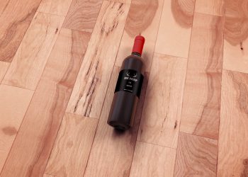 Wine Bottle on Wooden Floor Free Mockup