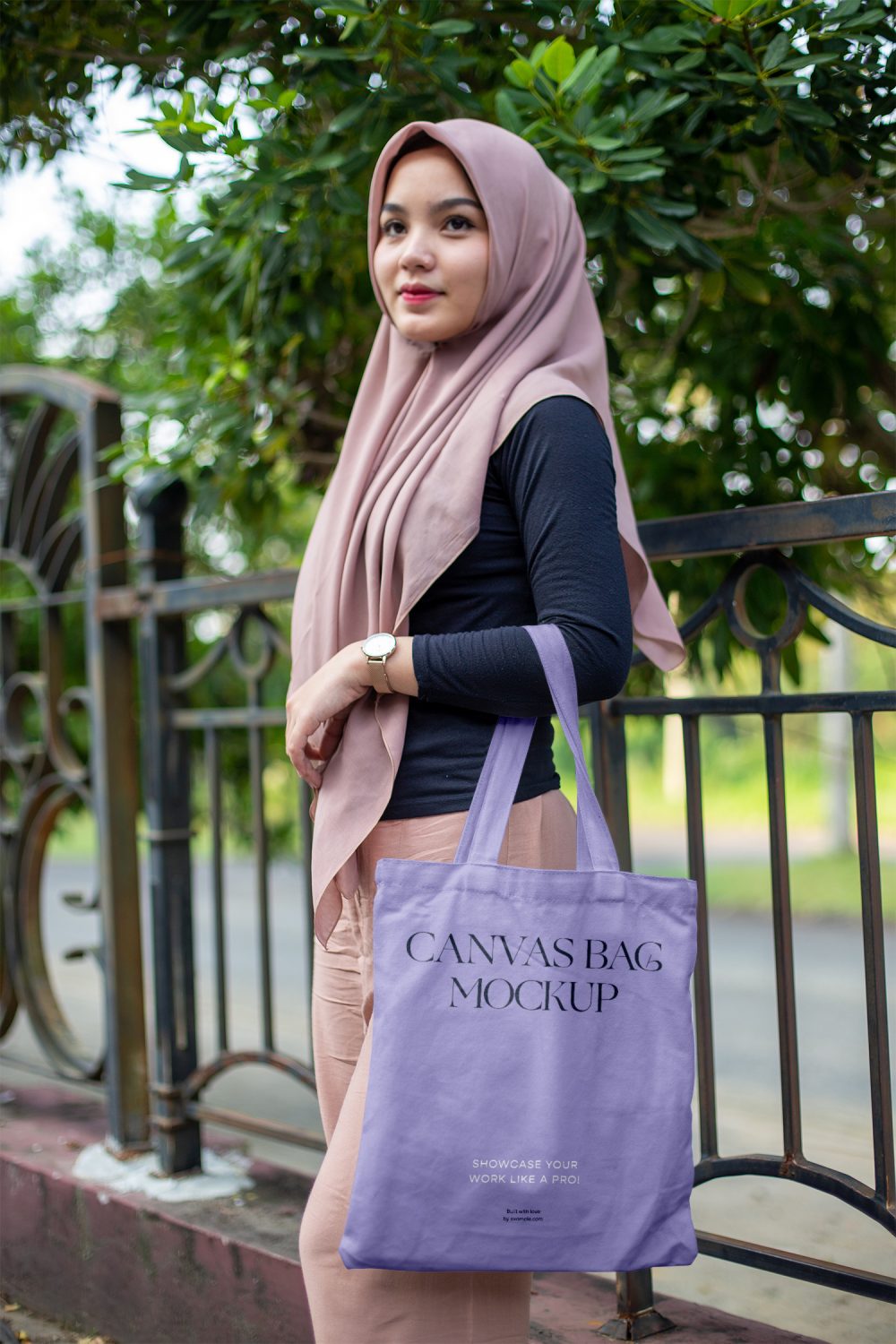 Woman In Park Holding Canvas Bag Free Mockup Free Mockup World
