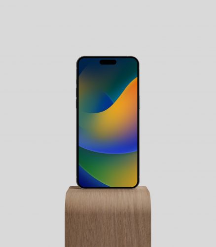 iPhone 14 Pro Max on Wood Stand Free Mockup