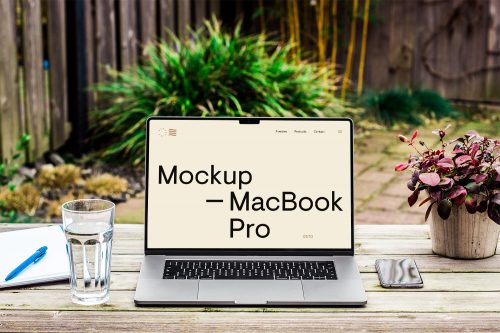 MacBook Pro on Wood Desk Free Mockup