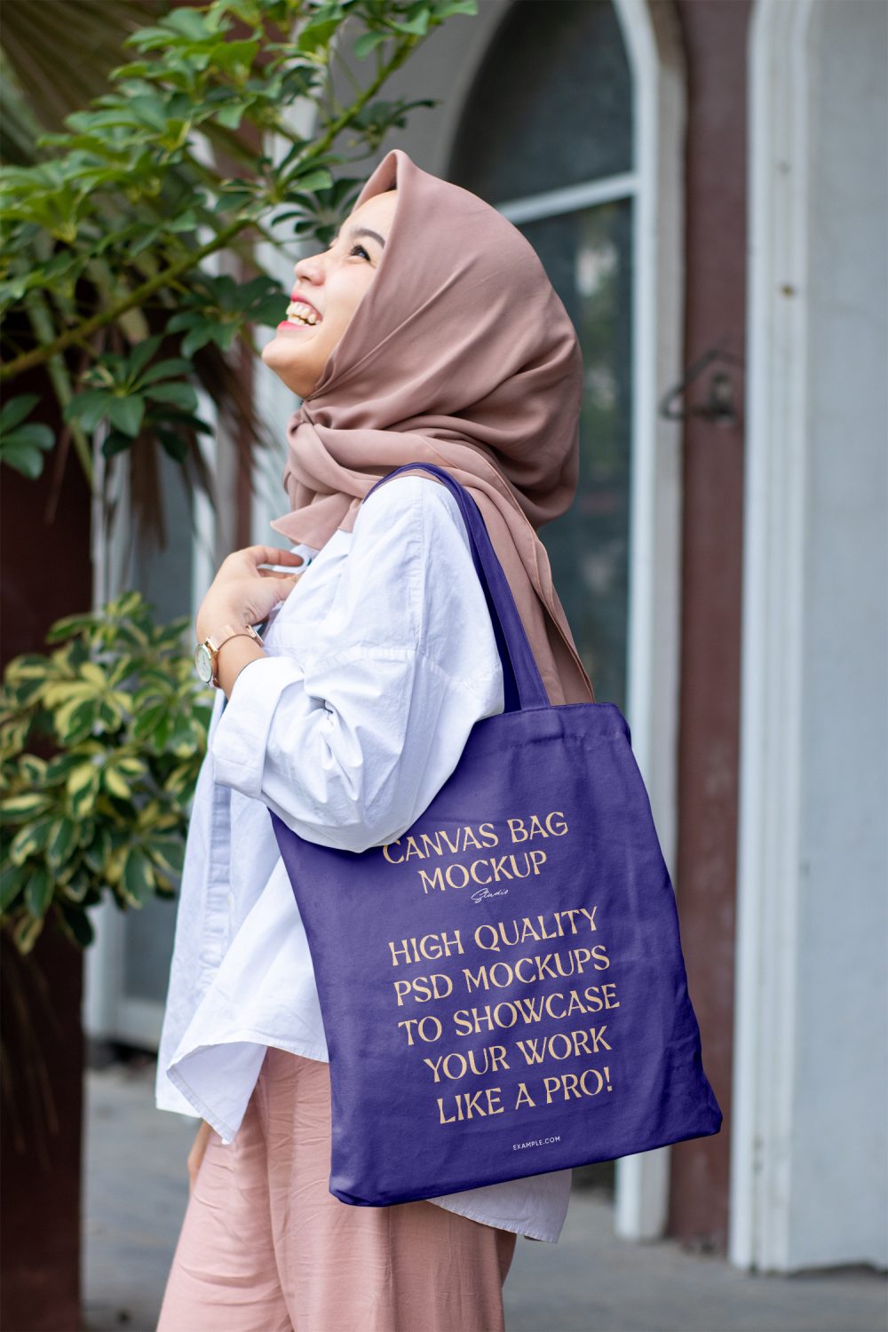 Woman Wearing Tote Bag Free Mockup