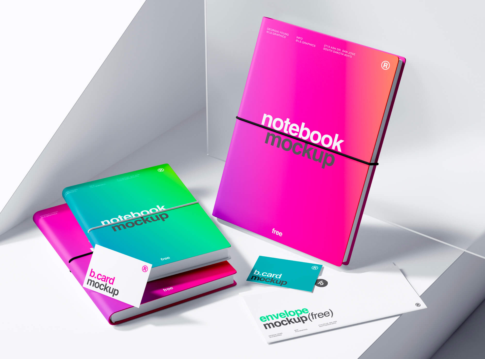 Notebook and Business Cards with Envelope Free Mockup