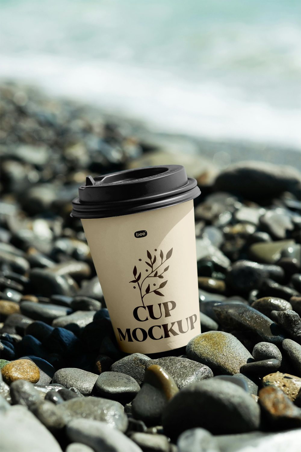 Paper Cup on Stone Beach Mockup