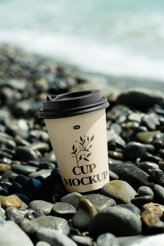 Paper Cup on Stone Beach Mockup