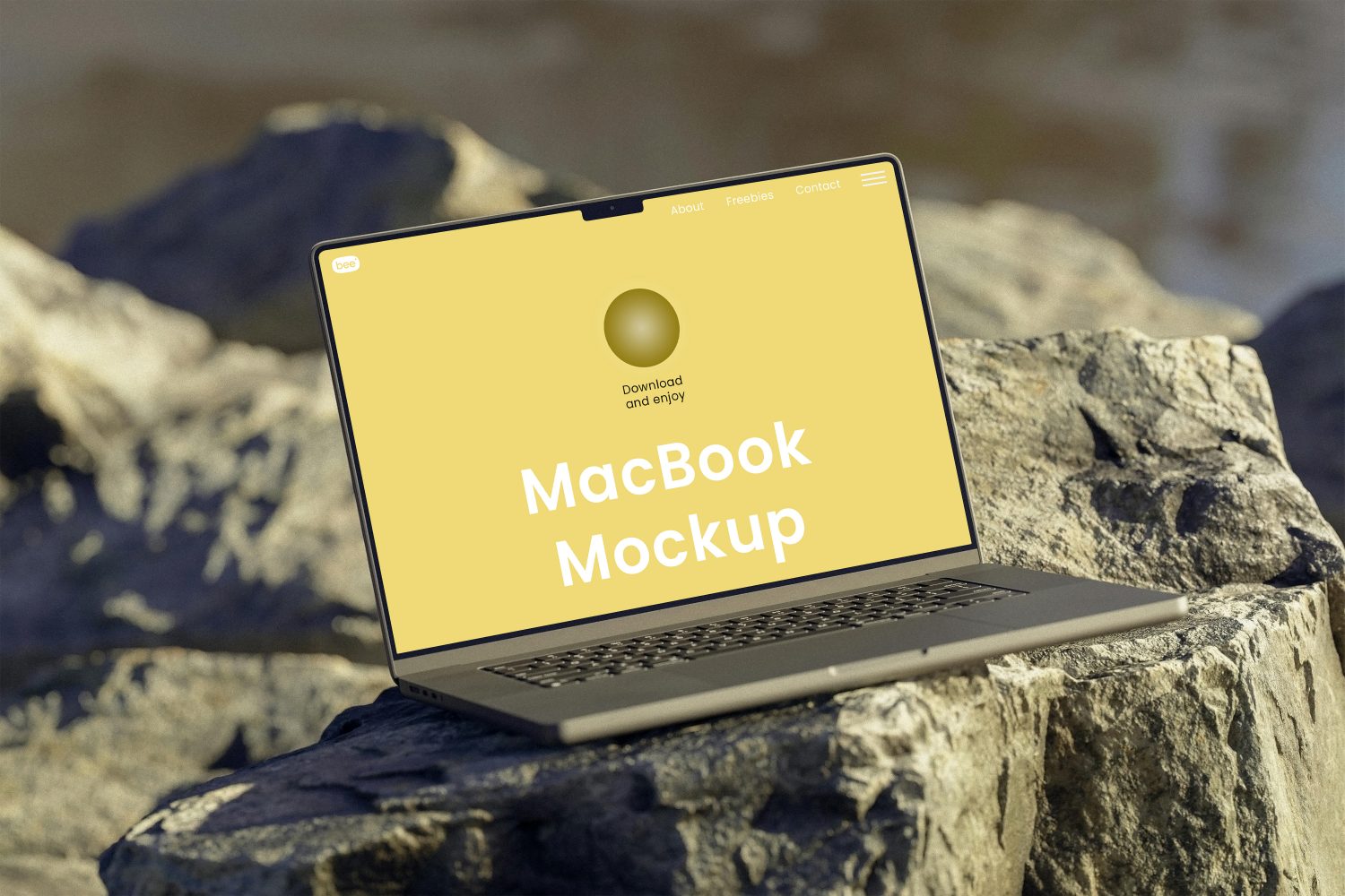 MacBook on Rock Free Mockup