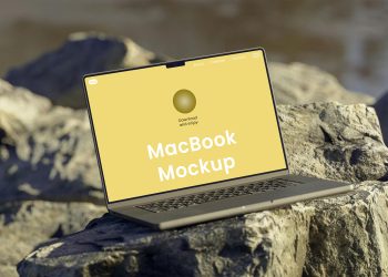 MacBook on Rock Free Mockup