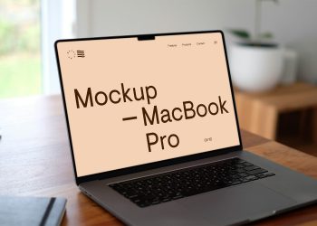 MacBook Pro on Wooden Desk Free Mockup