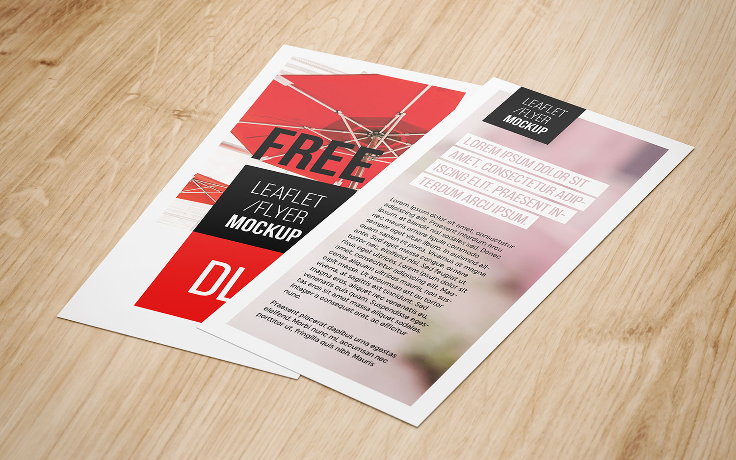Mockups Featuring DL Flyers on Wooden Surface